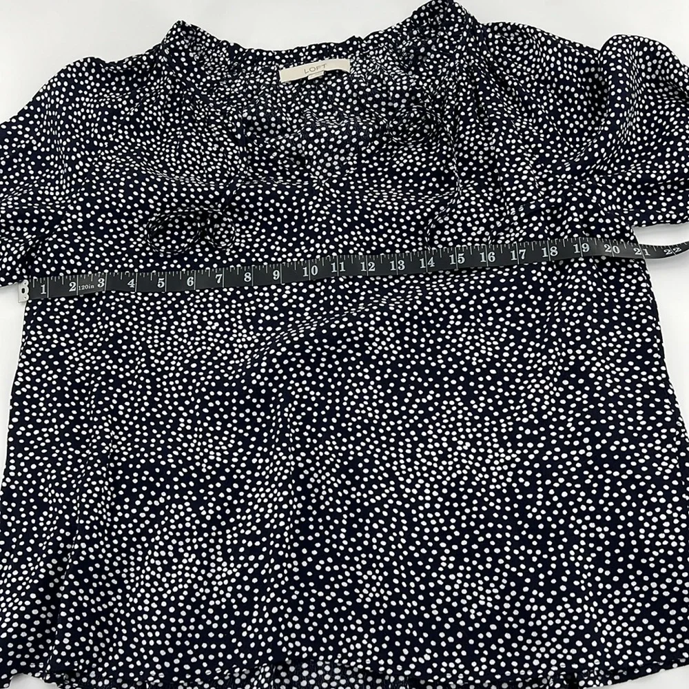 LOFT Navy blue and White polka dot Puff‎ Sleeve Blouse with Mandarin Collar